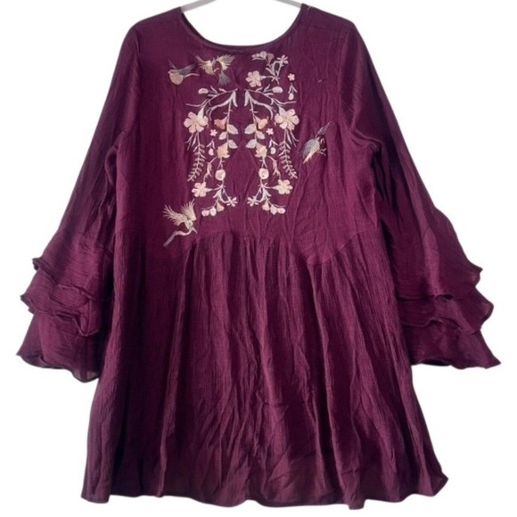 Umgee Burgundy Embroidered Ruffle-Sleeve Tunic Dress – Size Large - Picture 2 of 11